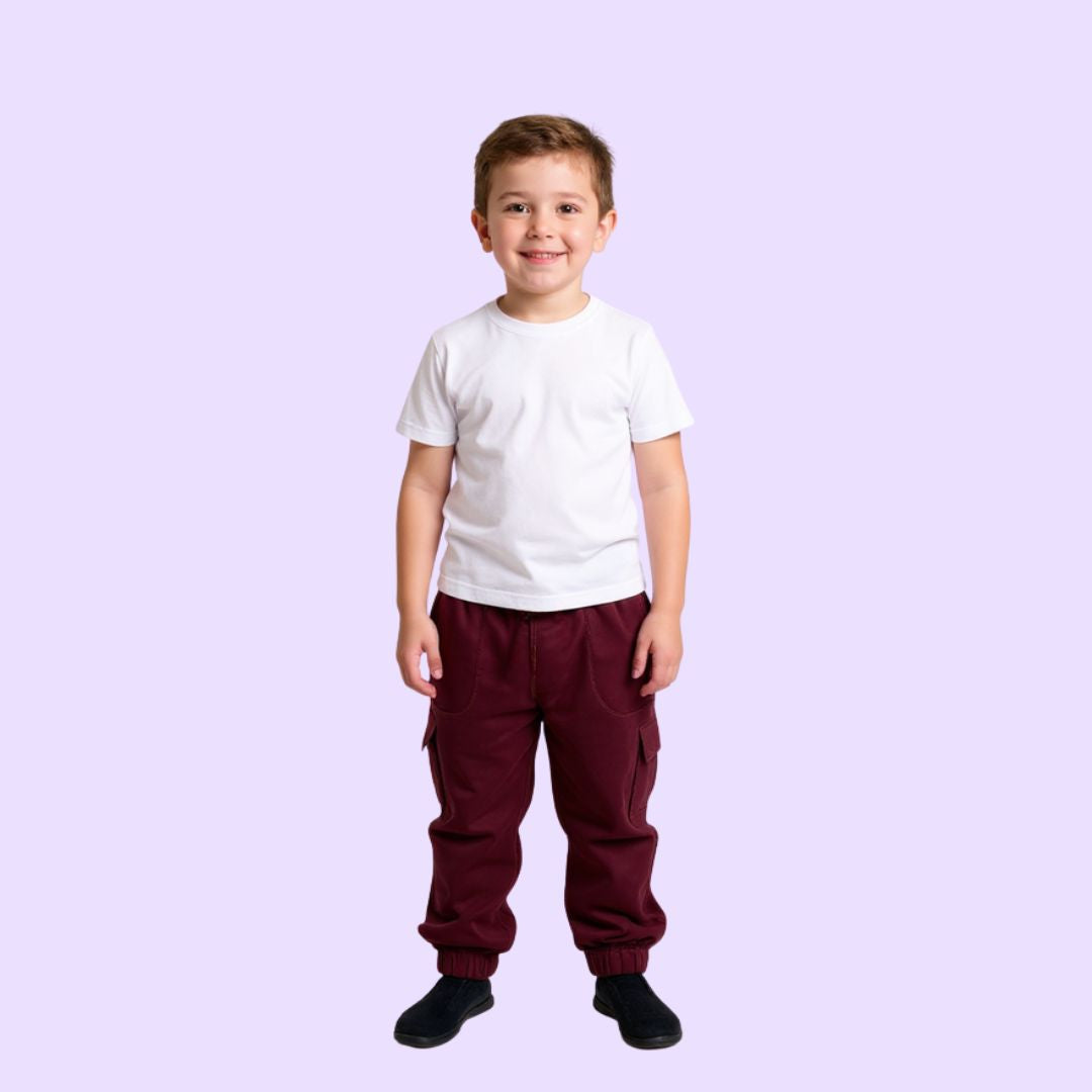 A child wearing the maroon Youth Sensory Friendly Fidget Jogger.