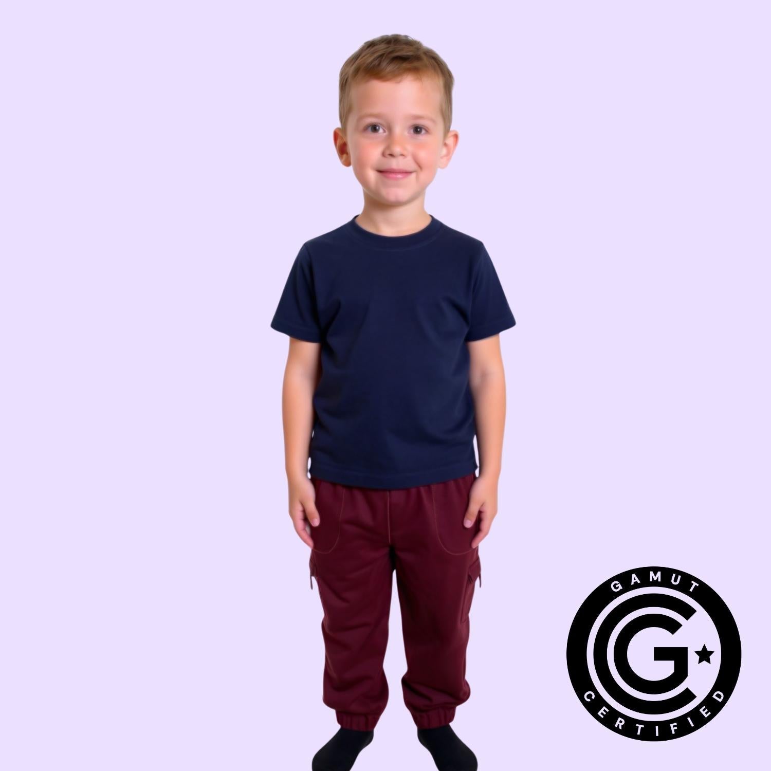A child wearing the maroon Youth Sensory Friendly Fidget Jogger.