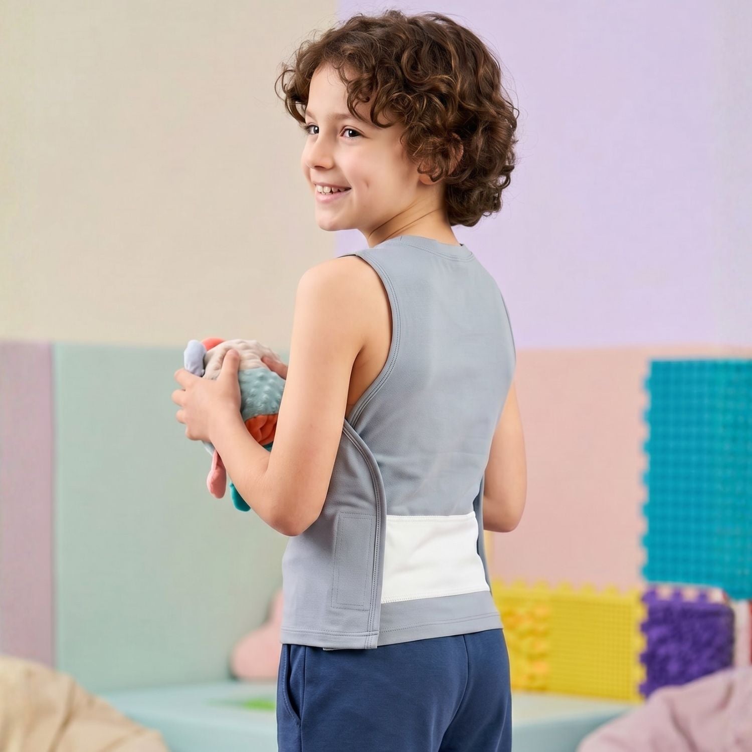 A child wears the Adjustable Compression Sensory Undershirt by Sense-ational You.