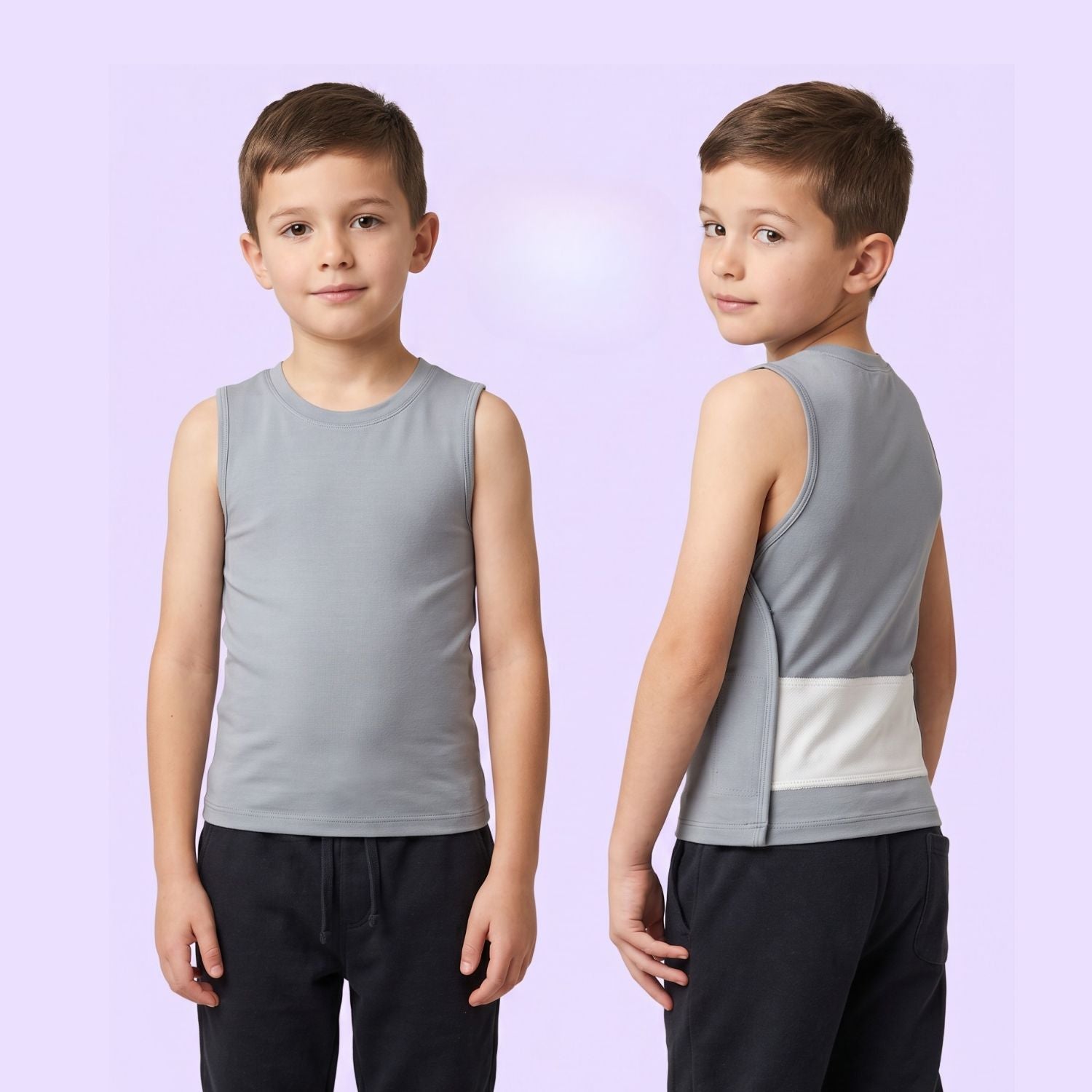 A child wears the grey Kids Adjustable Compression Sensory Undershirt. 
