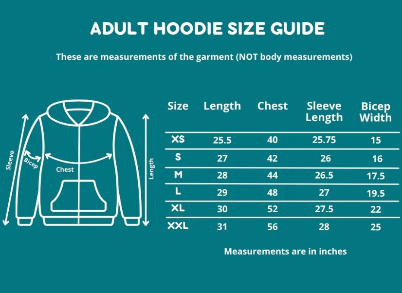 The Sense-ational You Adult Hoodie Size Guide.
