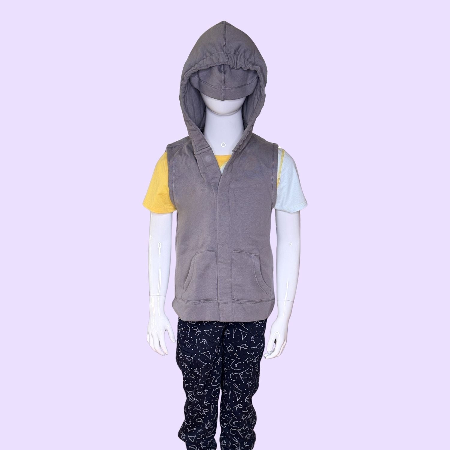 The Grey QuietSense™ Youth Sensory Sound Reducing Vest with the mask pulled down.