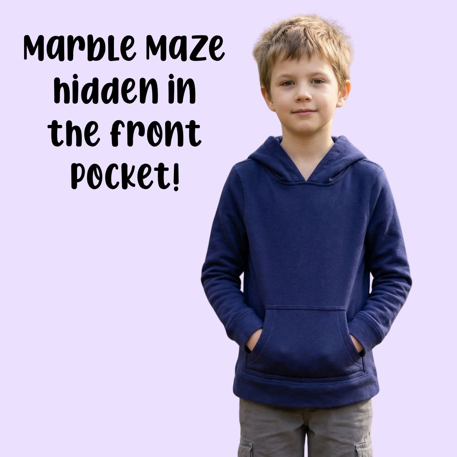 A child has their hands in the front pocket of the Sense-ational You Kids Marble Maze Fidget Hoodie.
