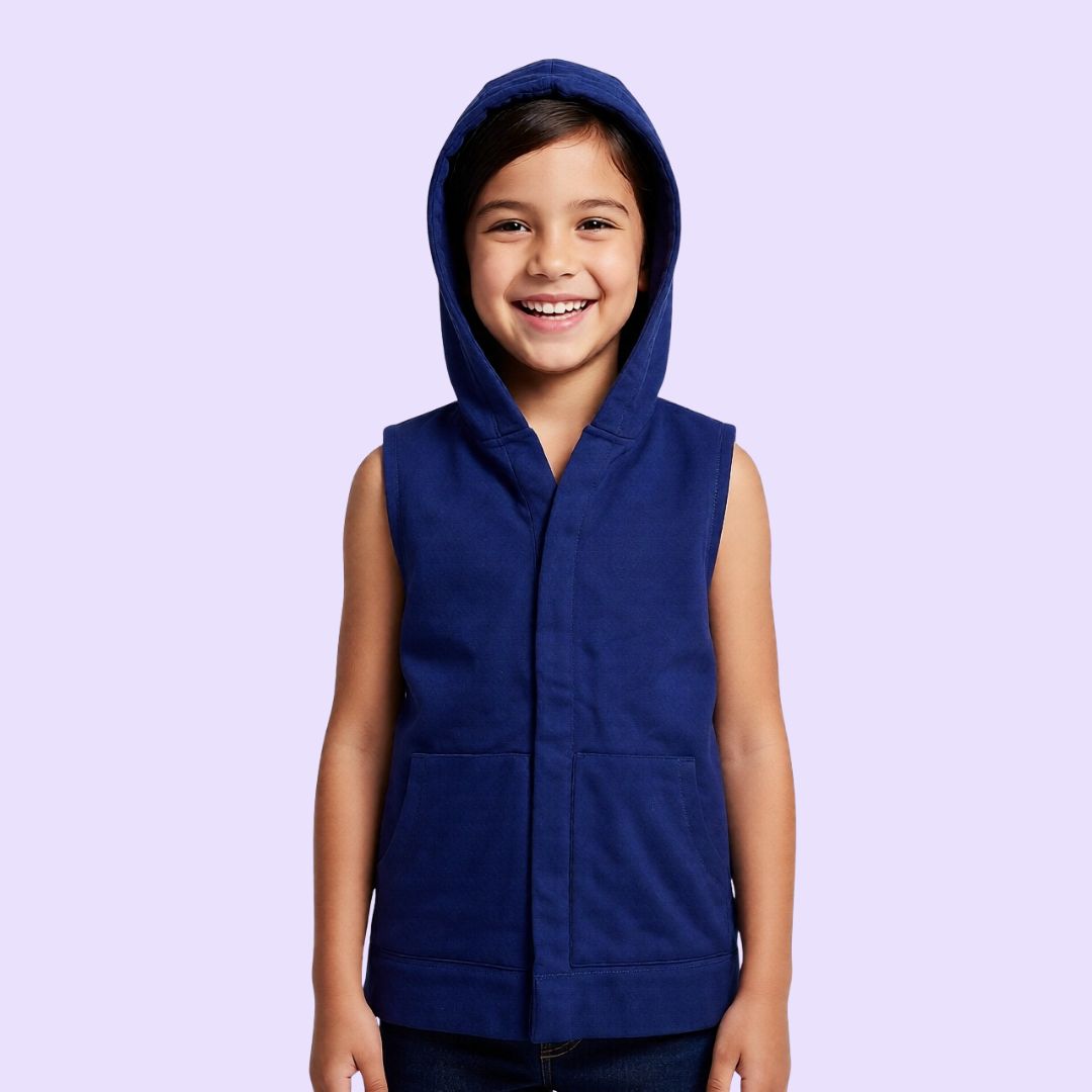 The NavyQuietSense™ Youth Sensory Sound Reducing Vest with the hood pulled up.