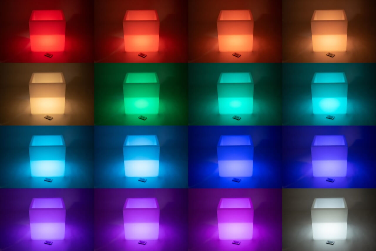 The different colors of light emitted from the Sensory Mood Play Cube Activity Table.