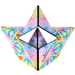 The Shashibo Tie Dye Twist folded into a boat-like pattern.