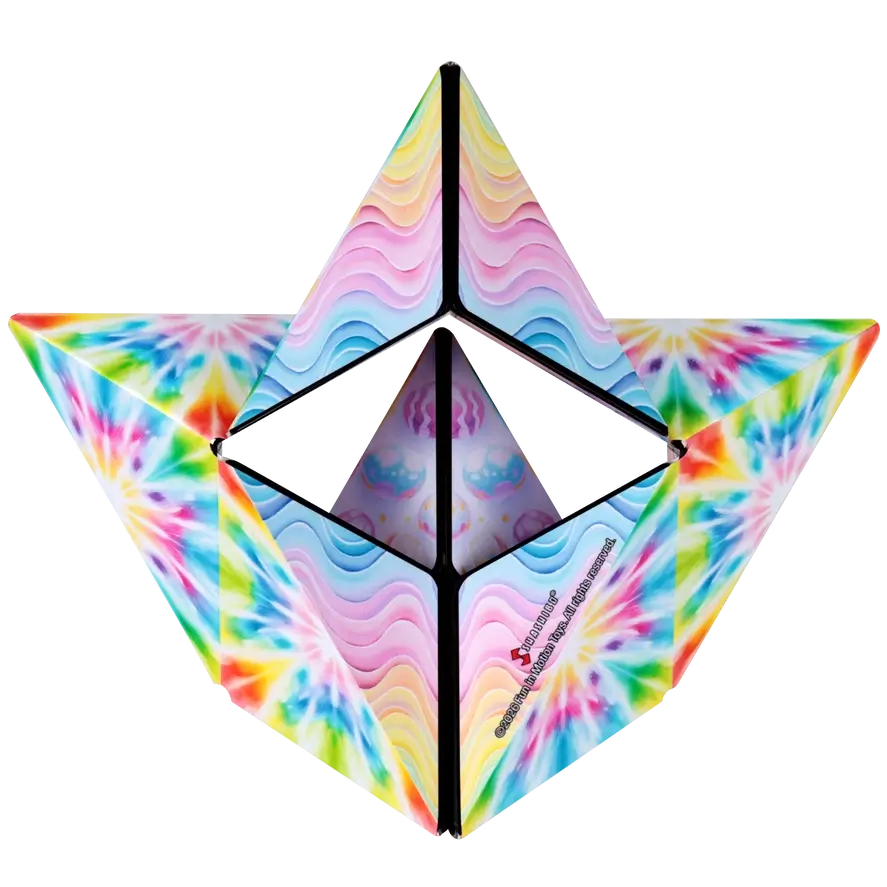 The Shashibo Tie Dye Twist folded into a boat-like pattern.