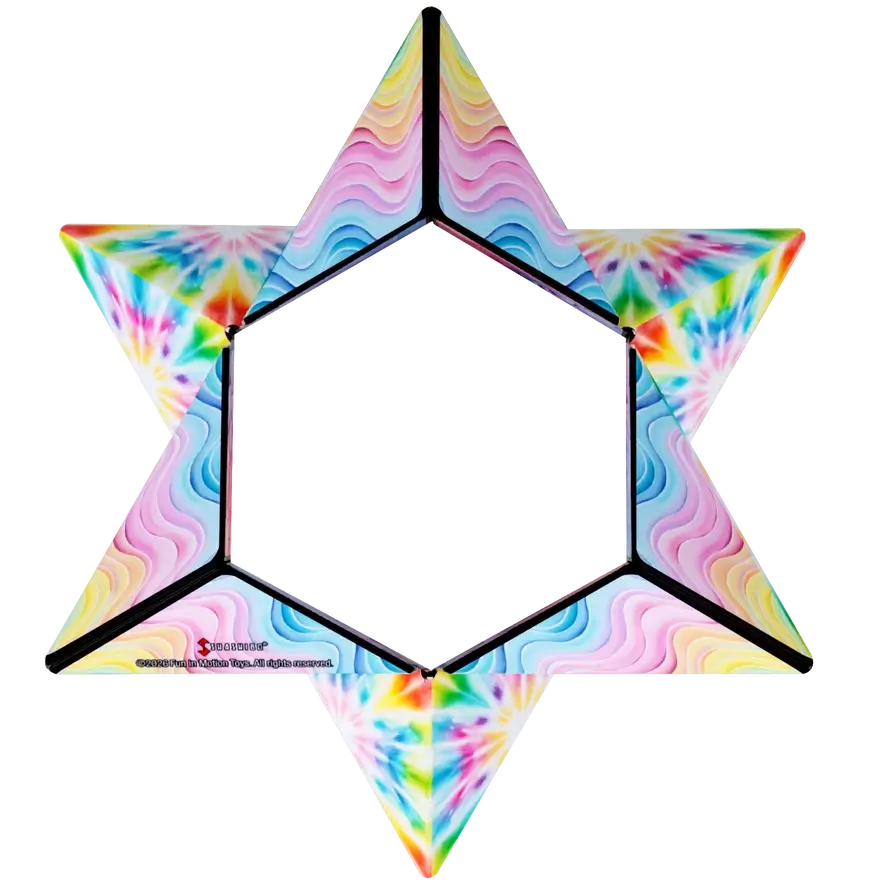 The Shashibo Tie Dye Twist folded into a star pattern.