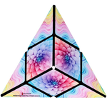 The Shashibo Tie Dye Twist folded into a pyramid.