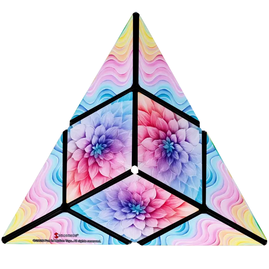 The Shashibo Tie Dye Twist folded into a pyramid.