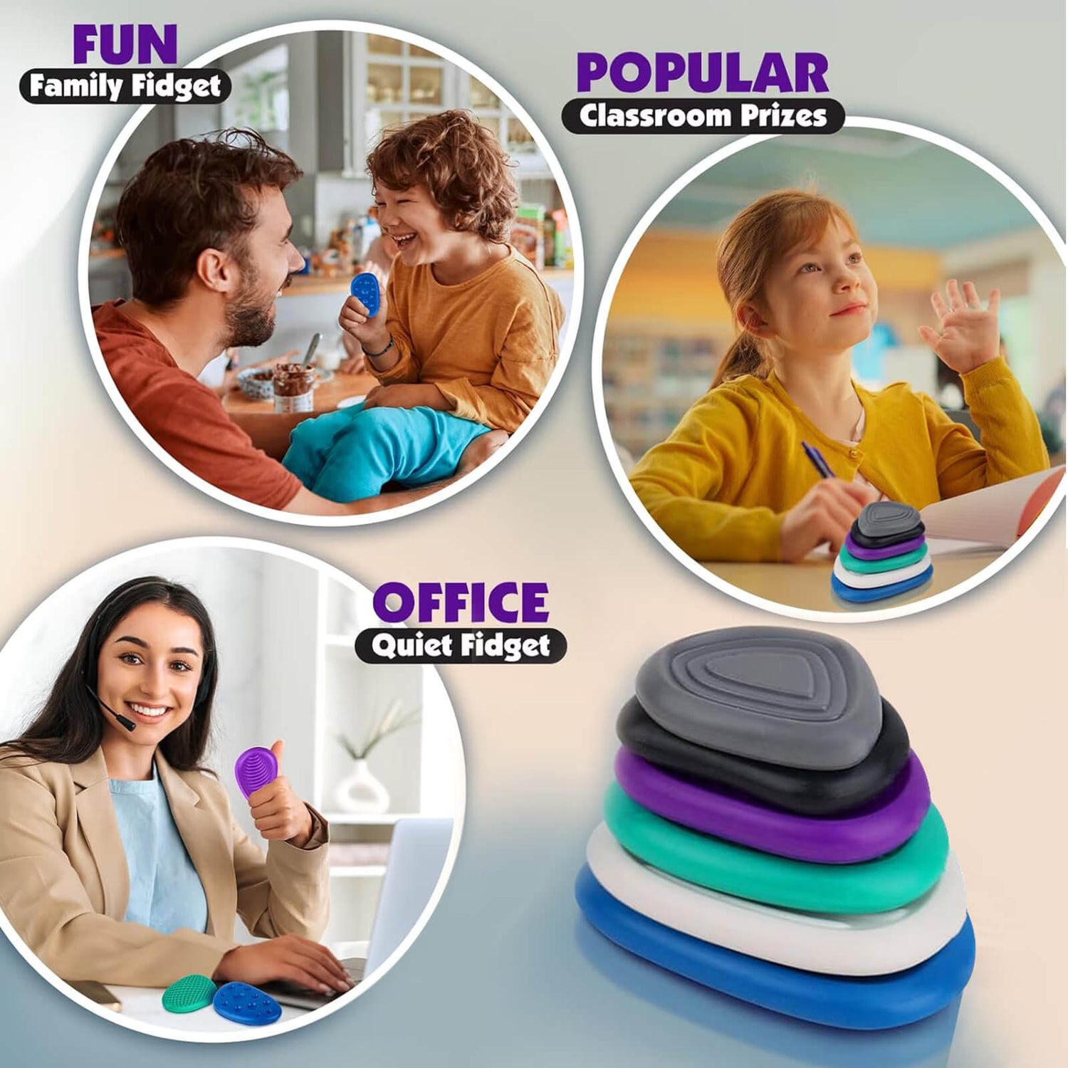 Silicone Fidget Worry Stones - Cool Colors, 1 piece.