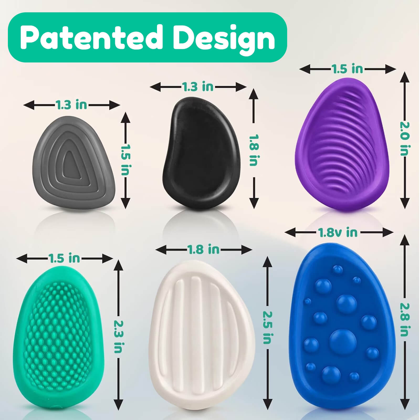 Dimensions for the different sizes of Silicone Fidget Worry Stones - Cool Colors, 1 piece.