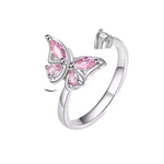 Pink Gem Butterfly Fidget Spinner Ring, Silver, Adjustable.