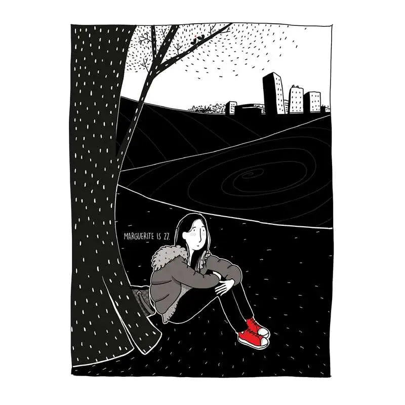 An illustration of a woman sitting at the base of a tree.