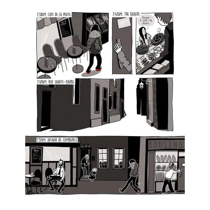 A sequence of panels still showing the main characters schedule in "Invisible Differences," by Julie Dachez.