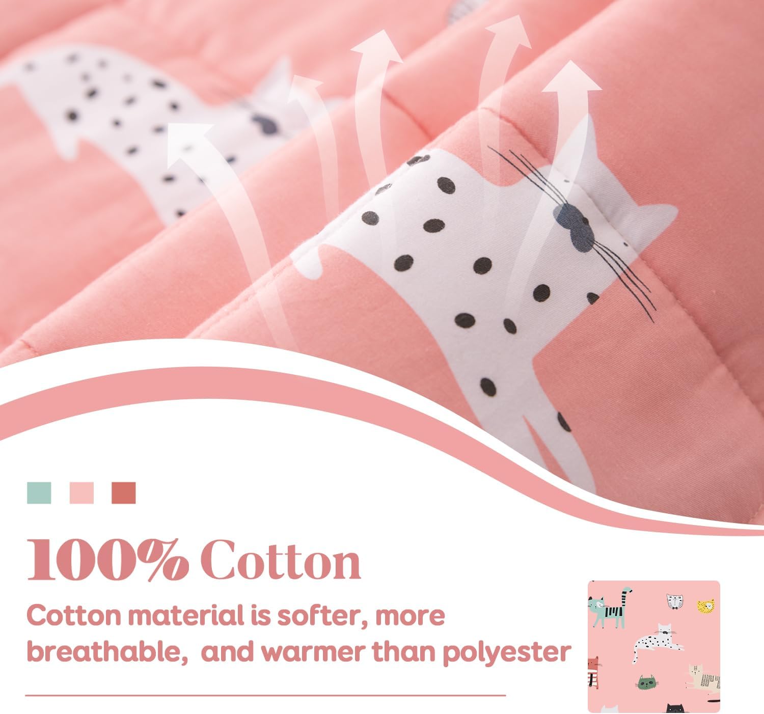 An up-close look at the kitty design on the Sivio 5 lb Cotton Weighted Blanket for Kids.