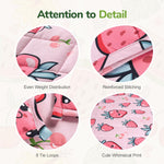 An infographic about the even weight distribution, reinforced stitching, 8 tie loops, and cute whimsical print.
