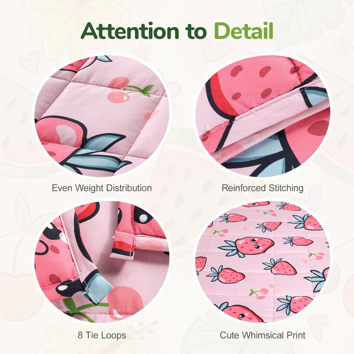 An infographic about the even weight distribution, reinforced stitching, 8 tie loops, and cute whimsical print.