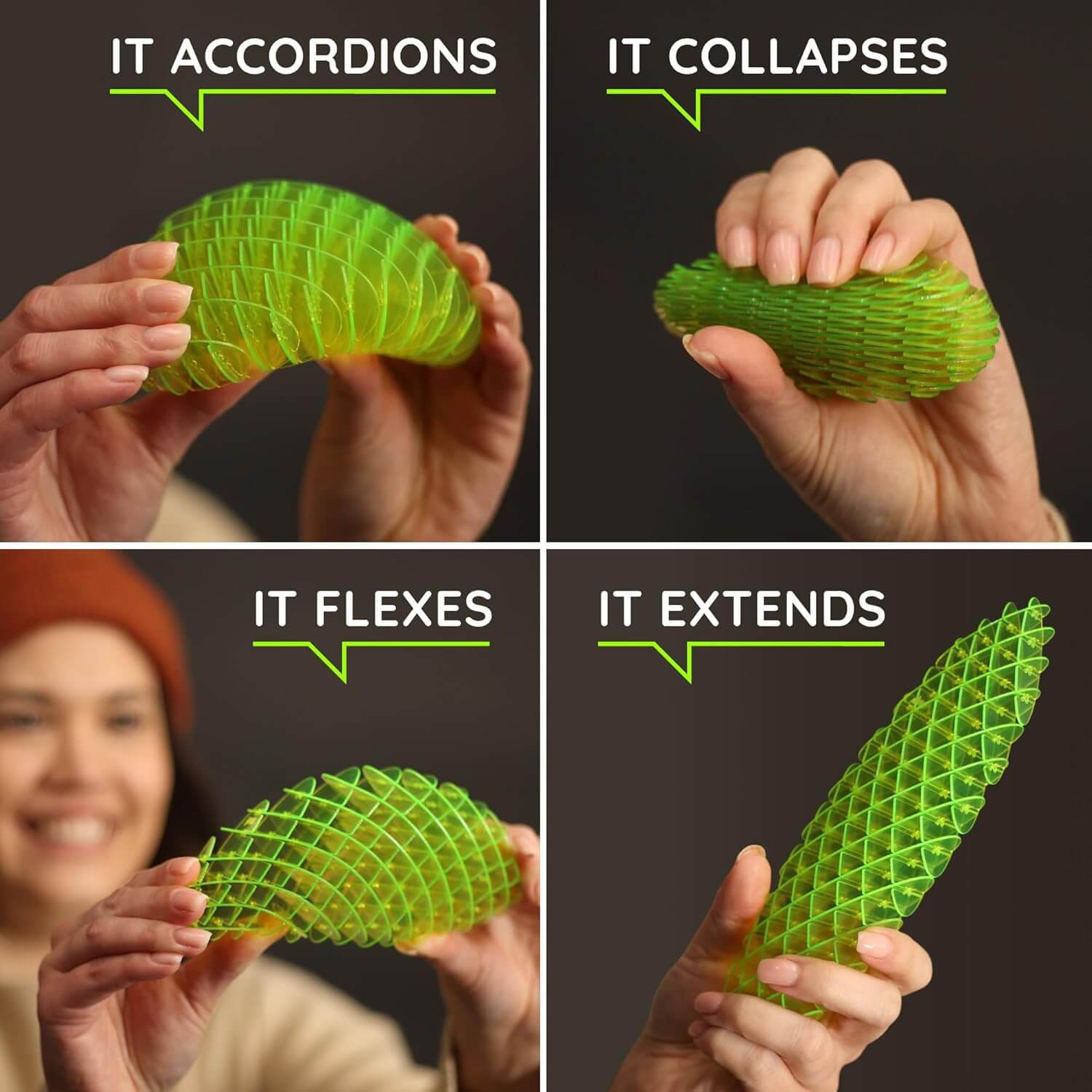 An infographic showing four different ways the Small Green Morf Fidget Worm can move.