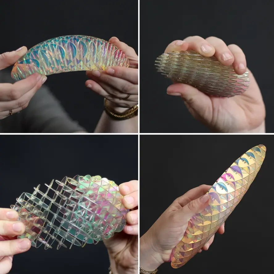 An infographic showing four different ways the Small Unicorn Morf Fidget Worm moves.