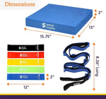 An infographic with the components of the Balance Pad Exercise Kit with Yoga Strap and Resistance Bands and their dimensions.