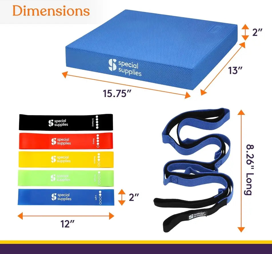 An infographic with the components of the Balance Pad Exercise Kit with Yoga Strap and Resistance Bands and their dimensions.