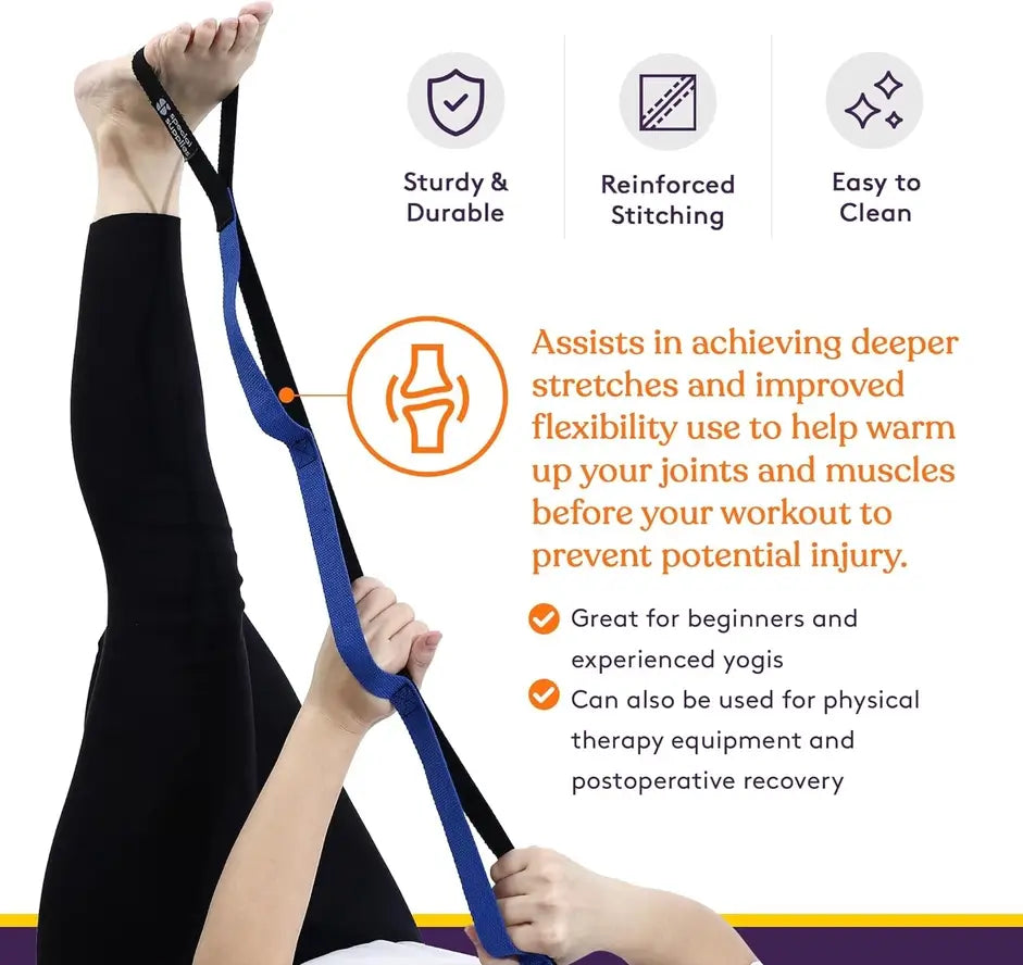 An infographic demonstrating benefits of the Balance Pad Exercise Kit with Yoga Strap and Resistance Bands.