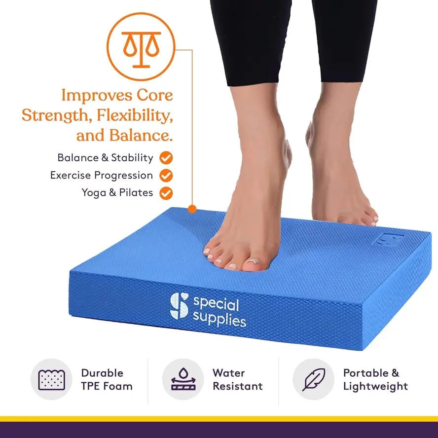 An infographic showing the features of the balance pad (durable TPE Foam, water resistant, portable & lightweight).