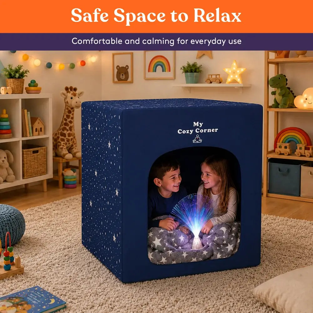 Two children sit underneath the Glow-in-the-Dark Blanket and use the Fiber Optic Light in the Blackout Sensory Tent included in My Cozy Corner.