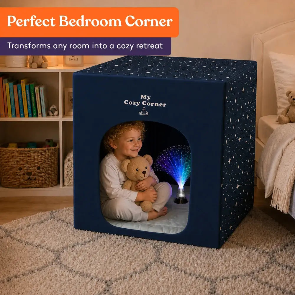 A child hugs their teddy bear while using My Cozy Corner in their bedroom.