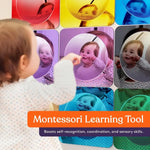 An infographic promoting the Bubble Wall Acrylic Mirror as a Montessori Learning Tool.