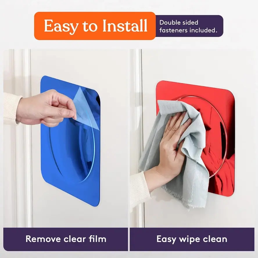 An infographic showing how to install and clean the Bubble Wall Acrylic Mirror.