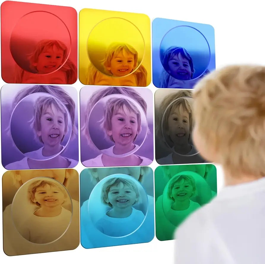A child looks into 9 different colored Bubble Wall Mirrors.