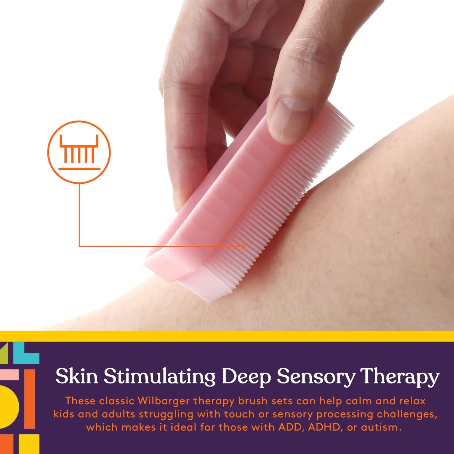 A hand drags a pastel pink Colorful Sensory Brush for Wilbarger Protocol along a nondescript body part.