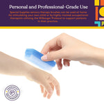 An adult hands approaches a childs arm with a pastel blue brush.