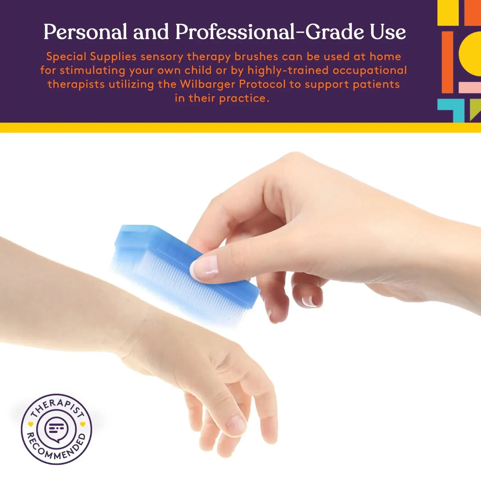 An adult hands approaches a childs arm with a pastel blue brush.