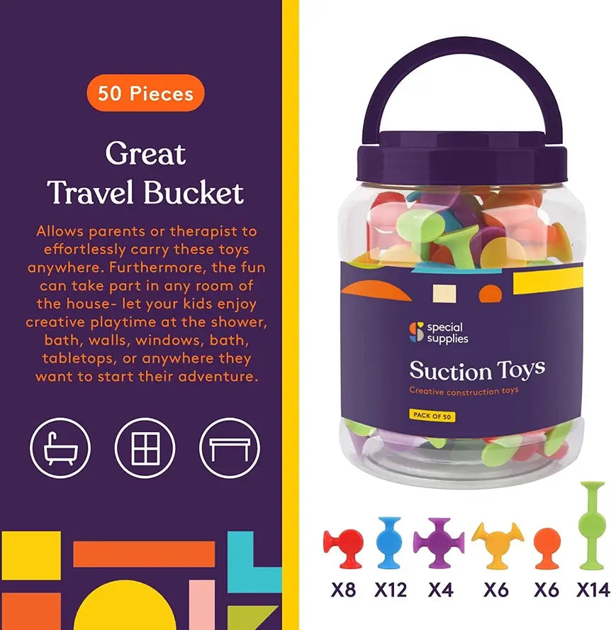An infographic showing the number of colored suction toys in the Creative Construction Suction Toys.