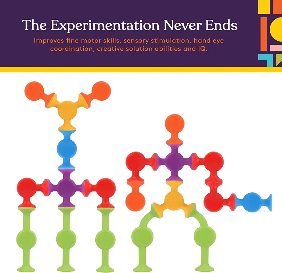 Colorful pieces of the Creative Construction Suction Toys 50 Piece Set form 2 distinct designs.