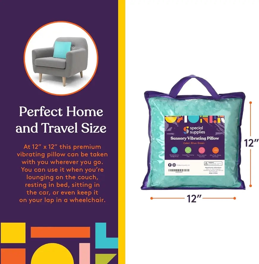An infographic of the dimensions of the Vibrating Pillow.
