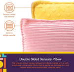 An up=close look at the two types of material used on the Dual Sided Vibrating Pillow in Pink & Yellow.