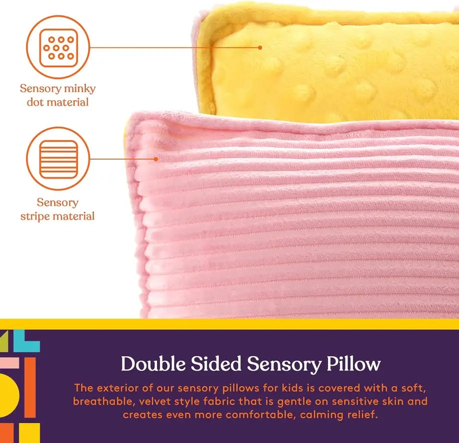 An up=close look at the two types of material used on the Dual Sided Vibrating Pillow in Pink & Yellow.