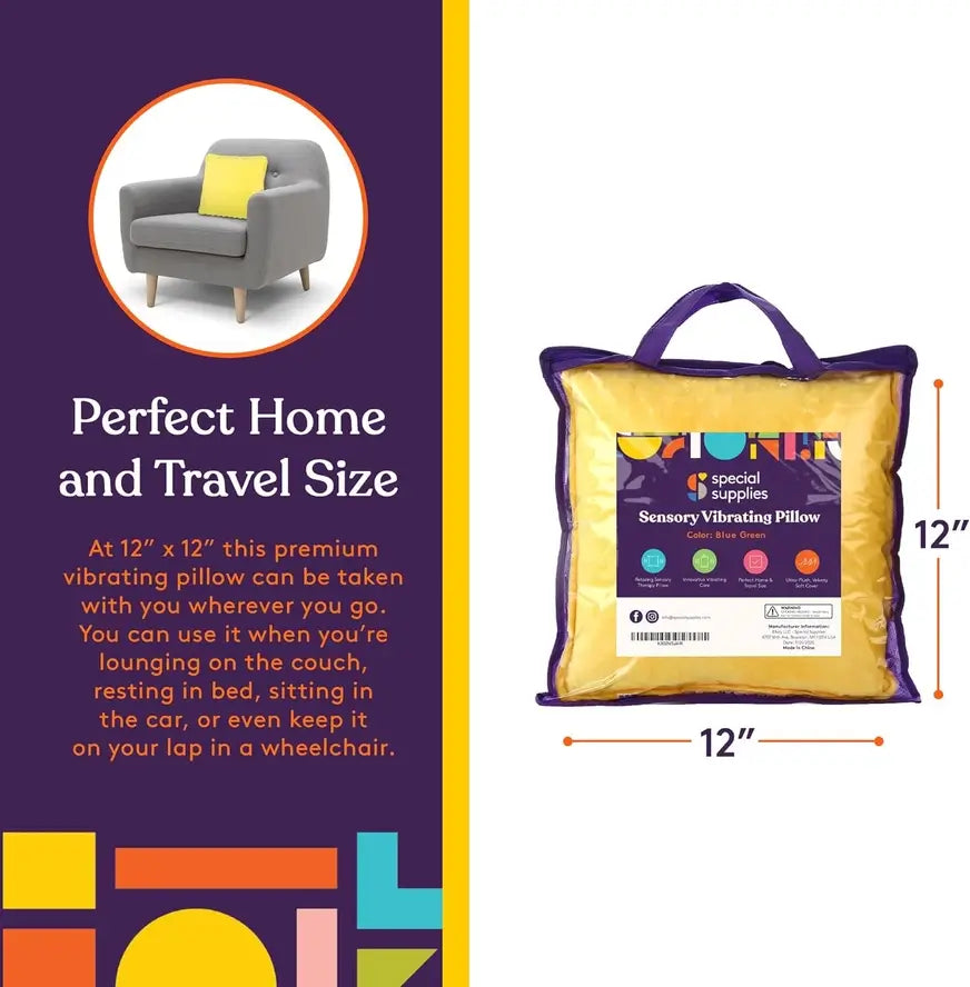 An infographic showing the dimensions of the Dual Sided Vibrating Pillow.