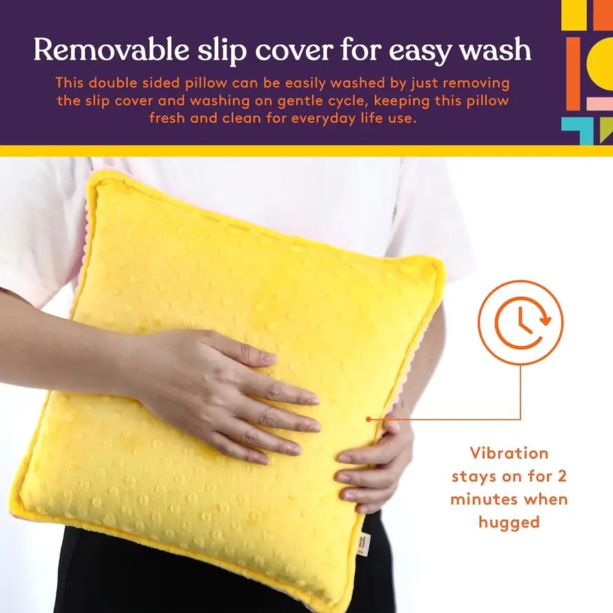 An infographic demonstrating the washability of the cover of the Dual Sided Vibrating Pillow.