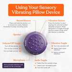 An infographic showing the features of the vibrating puck that comes in the Dual Sided Vibrating Pillow.