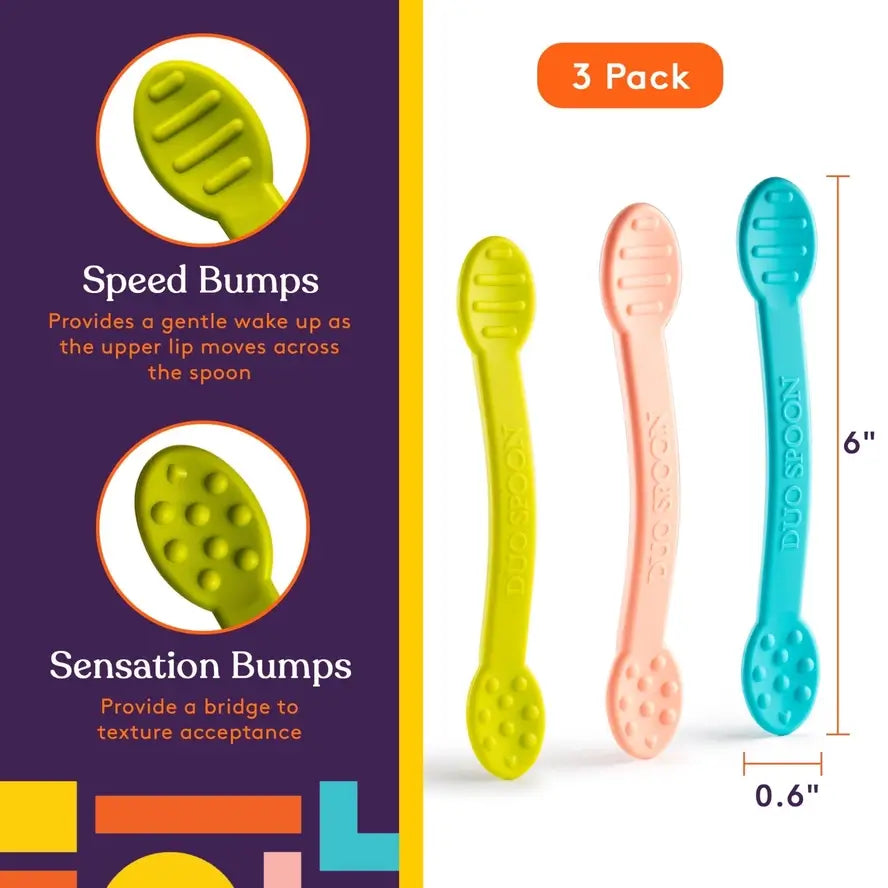An infographic showing the dimensions of the Duo Spoon, and up-close shots of the different textures.