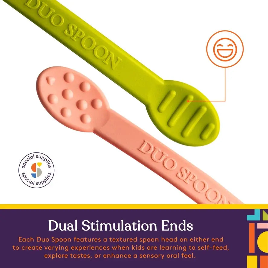 An infographic describing the dual stimulation ends of the Duo Spoon.