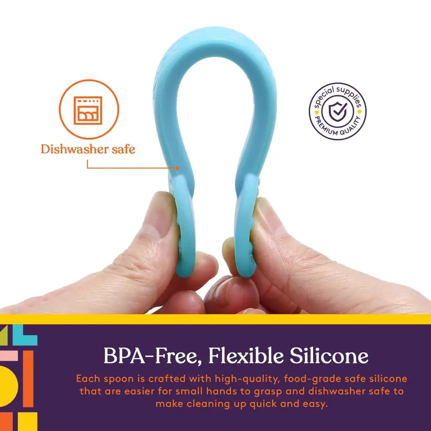 An infographic displaying the BPA-Free and flexible silicone of the Duo Spoon.