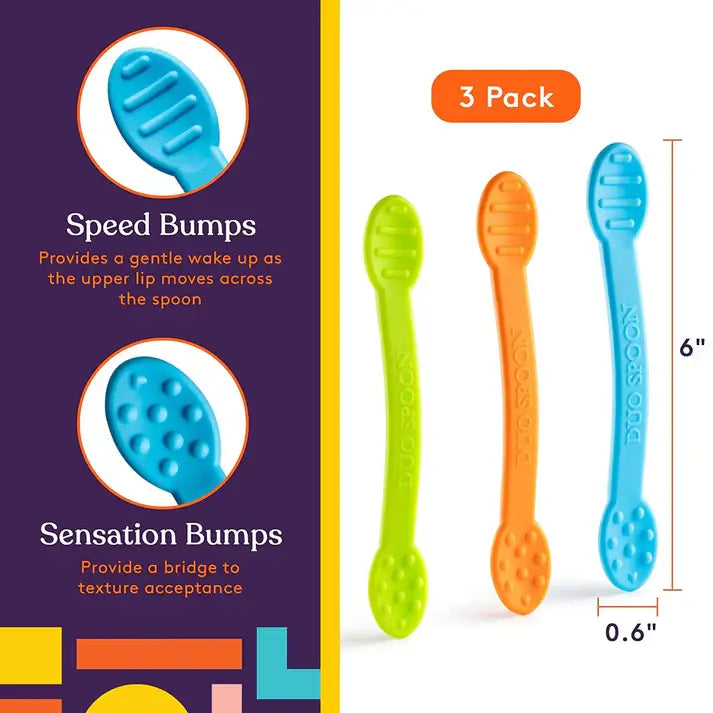 An infographic showing the different textures on the Special Supplies Duo Spoon 3 Pack - Blue, Orange, Green.
