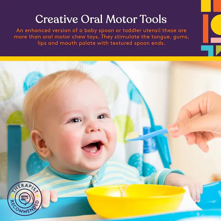 A baby eats apple sauce on the Special Supplies Duo Spoon 3 Pack - Blue, Orange, Green.