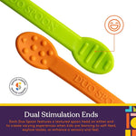 An infographic showing the different textures of the Special Supplies Duo Spoon 3 Pack - Blue, Orange, Green.